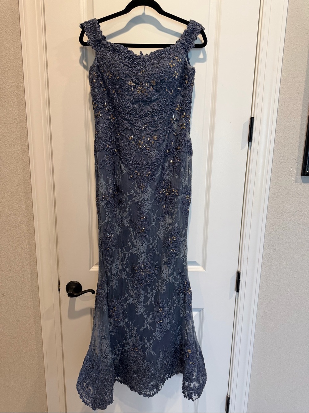 Rina diMontella Slate Blue Lace Maxi Gown with Beaded Embellishment